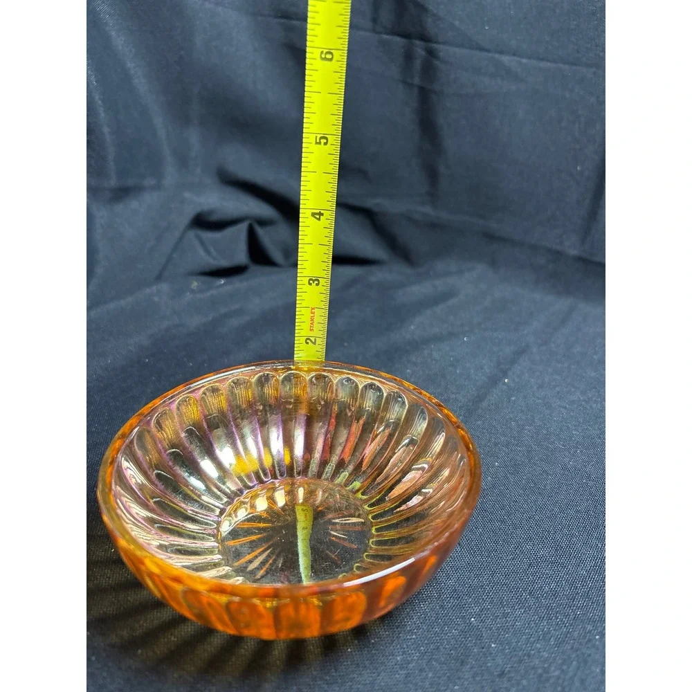 Vintage Marigold Carnival‎ Glass Ribbed Small Bowl Iridescent Sunburst 4.5 Inch